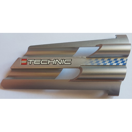 Technic, Panel Fairing # 3 Large Long, Large Holes, Side A with LEGO and White 'TECHNIC' Logo and Fading Blue Checkered Pattern (Sticker) - Set 8458