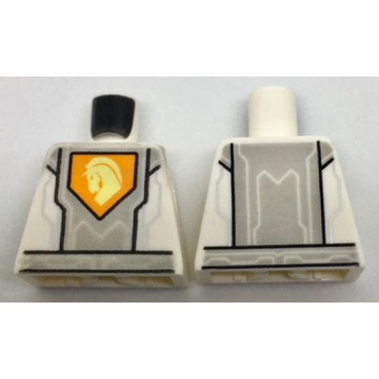 Torso Nexo Knights Armor, Silver Circuits, Light Bluish Gray Panel, Orange Emblem, Yellow Horse Head Pattern