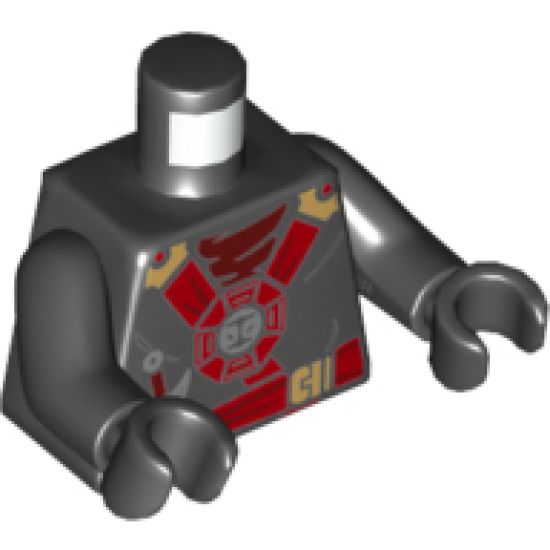Torso Ninjago Red and Gold Straps and Belt, Round Emblem, Weapons and Dark Red Undershirt Pattern / Black Arms / Black Hands