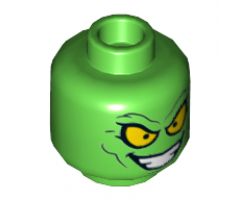 Minifigure, Head Dual Sided Alien with Large Yellow Eyes, Angry / Wide Evil Grin Pattern (Green Goblin) - Hollow Stud