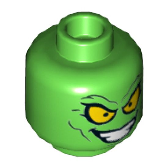 Minifigure, Head Dual Sided Alien with Large Yellow Eyes, Angry / Wide Evil Grin Pattern (Green Goblin) - Hollow Stud