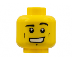 Minifigure, Head Black Eyebrows, White Pupils, Vertical Cheek Lines, Chin Dimple and Wide Grin Pattern - Hollow Stud