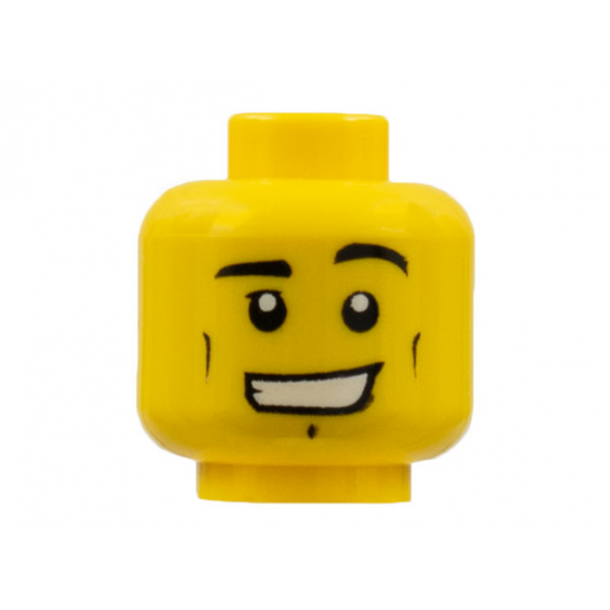 Minifigure, Head Black Eyebrows, White Pupils, Vertical Cheek Lines, Chin Dimple and Wide Grin Pattern - Hollow Stud