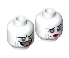 Minifigure, Head Dual Sided Alien with Sunken Yellow Eyes, Red Lips, Evil Smile with Teeth / Confused Pattern - Hollow Stud