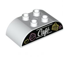 Duplo, Brick 2 x 4 Curved Top with Cake, Cupcake and 'Café' (Cafe) Pattern