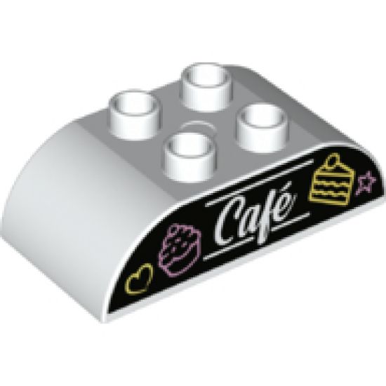 Duplo, Brick 2 x 4 Curved Top with Cake, Cupcake and 'Café' (Cafe) Pattern