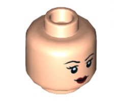 Minifigure, Head Dual Sided Female, Black Eyebrows, Dark Red Lips, Smile with Raised Right Eyebrow / Scowl Pattern - Hollow Stud