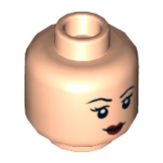 Minifigure, Head Dual Sided Female, Black Eyebrows, Dark Red Lips, Smile with Raised Right Eyebrow / Scowl Pattern - Hollow Stud