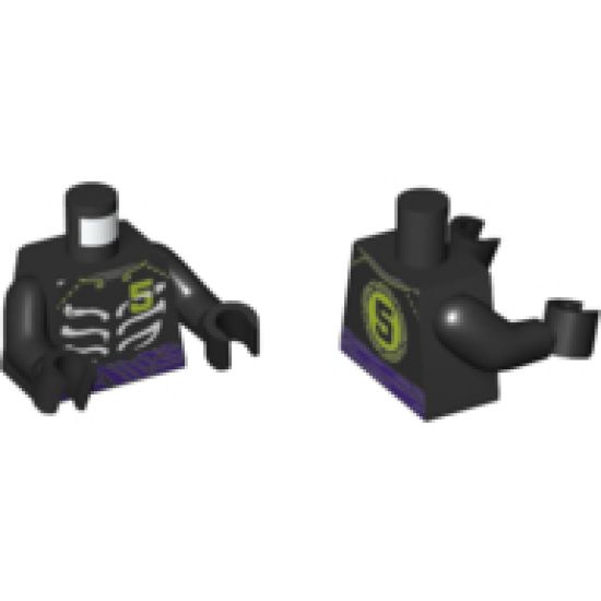 Torso Ninjago Skeleton Ribs White, Purple Waist Sash and Lime Number 5 on Front and Back Pattern / Black Arms / Black Hands