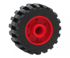 Wheel & Tire Assembly 18mm D. x 14mm with Pin Hole, Fake Bolts and Shallow Spokes with Black Tire 30.4 x 14 Offset Tread - Band Around Center of Tread (55981 / 92402)