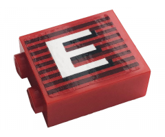 Brick 1 x 2 x 2 with Inside Stud Holder with Gray Stripes and White Letter 'E' Pattern Model Left Side (Sticker) - 10272