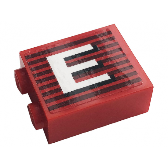 Brick 1 x 2 x 2 with Inside Stud Holder with Gray Stripes and White Letter 'E' Pattern Model Left Side (Sticker) - 10272