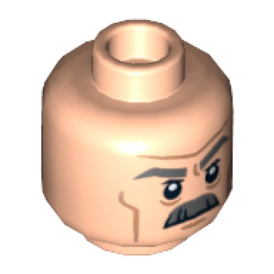 Minifigure, Head Dual Sided Gray Moustache, Thick Eyebrows and Wrinkles, Frowning / Angry Pattern - Hollow Stud