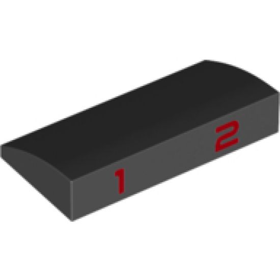 Slope, Curved 2 x 4 x 2/3 with Bottom Tubes with Red Number 1 and 2 Pattern
