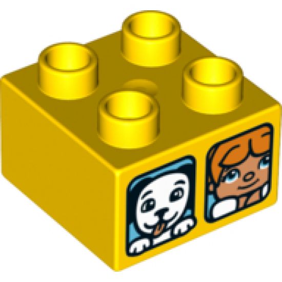 Duplo, Brick 2 x 2 with 2 Windows with Duplo Girl and Cat / Girl and Dog Pattern