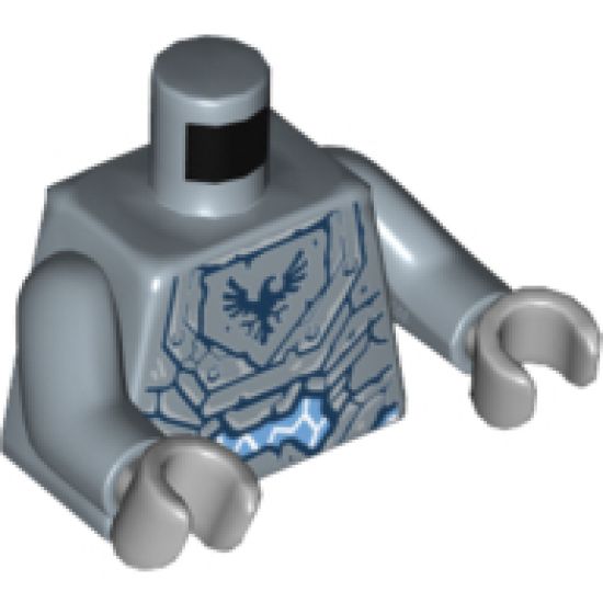 Torso Nexo Knights Armor Semi-Stone with Dark Blue Falcon in Shield Pattern / Sand Blue Arm Left / Blue Arm Right / Light Bluish Gray Hands
