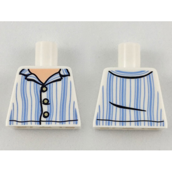 Torso Pajamas Top with Light Nougat Neck, Tan Buttons, Bright Light Blue Vertical Stripes Pattern