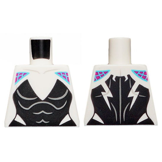 Torso Female Black Bodysuit with Deep V Neck, Magenta Shoulders with Medium Azure Webbing Pattern