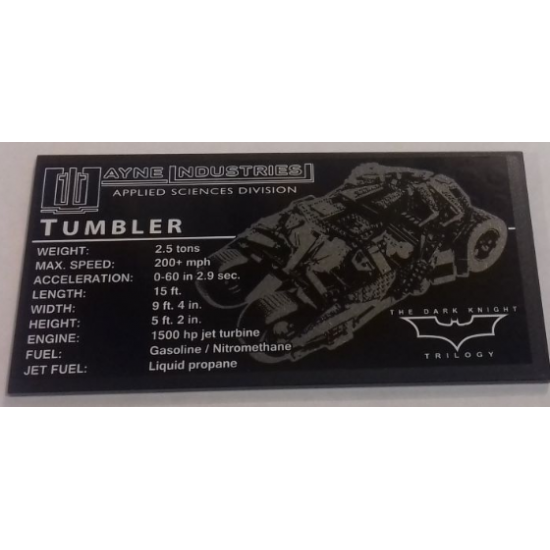 Tile 8 x 16 with Bottom Tubes with 'WAYNE INDUSTRIES APPLIED SCIENCES DIVISION', 'TUMBLER' and Vehicle Specifications Pattern (Sticker) - Set 76023
