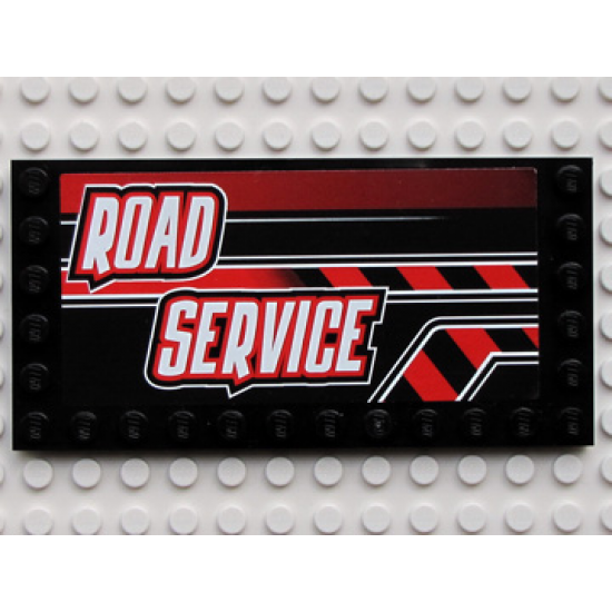 Tile, Modified 6 x 12 with Studs on Edges with White 'ROAD SERVICE' on Black and Red Stripes Pattern Model Left (Sticker) - Set 8285