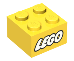 Brick 2 x 2 with Lego Logo Closed O Style White with Black Outline Pattern