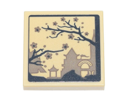 Tile, Modified 2 x 2 Inverted with Ink Wash Painting of Temple and Cherry Blossom Trees Pattern (Sticker) - Set 71741