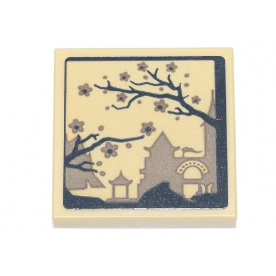 Tile, Modified 2 x 2 Inverted with Ink Wash Painting of Temple and Cherry Blossom Trees Pattern (Sticker) - Set 71741