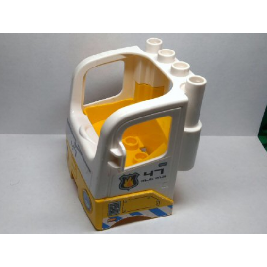 Duplo, Vehicle Cabin Truck Semi-Tractor Cab with Yellow Base with '47', Fire Logo, Blue and White Stripes and Headlights Pattern (Stickers) - Set 7844