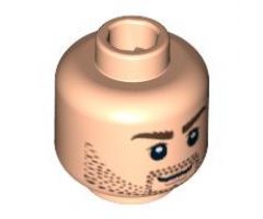 Minifigure, Head Dual Sided Beard Stubble, Bushy Eyebrows, Determined / Grin Pattern - Blocked Open Stud