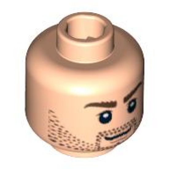 Minifigure, Head Dual Sided Beard Stubble, Bushy Eyebrows, Determined / Grin Pattern - Blocked Open Stud