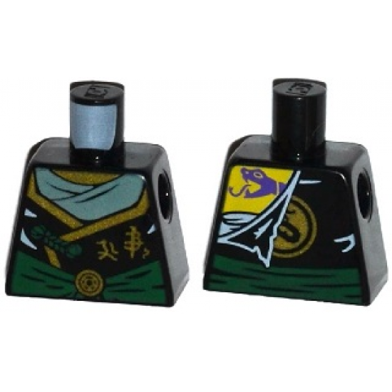 Torso Ninjago Robe with Dark Green Sash, Gold Asian Characters, Torn with Purple Tattoo on Back Pattern