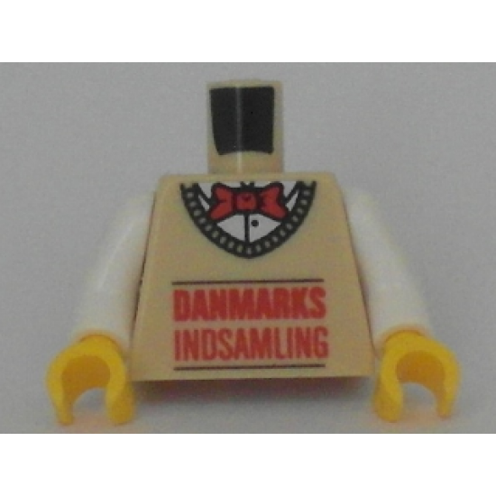 Torso with 'DANMARKS INDSAMLING' on Front, Lego Logo on Back Pattern / White Arms / Yellow Hands
