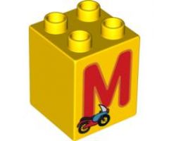 Duplo, Brick 2 x 2 x 2 with Letter M and Motorcycle Pattern