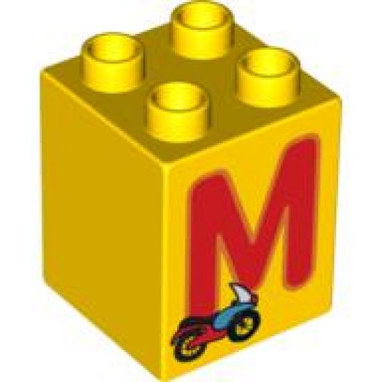 Duplo, Brick 2 x 2 x 2 with Letter M and Motorcycle Pattern