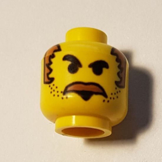 Minifigure, Head Moustache Brown Bushy, Stubble, and Brown Sideburns Pattern - Blocked Open Stud