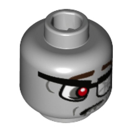 Minifigure, Head Alien Zombie with Glasses Shattered Lens, Red Eye, Dark Brown Eyebrows and Crooked Frown Pattern - Hollow Stud
