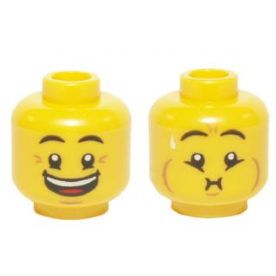 Minifigure, Head Dual Sided Eyebrows, Crow's Feet, Open Mouth Big Smile / Queasy Expression with Sweat Drop Pattern - Hollow Stud