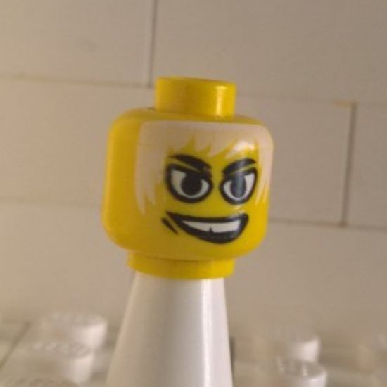 Minifigure, Head Male White Eyes, White Hair, White Teeth, Grin, Gap Tooth Pattern - Blocked Open Stud