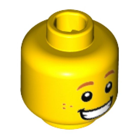 Minifigure, Head Dark Orange Eyebrows and Freckles, Wide Grin with Teeth Pattern - Hollow Stud