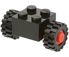 Wheel & Tire Assembly Brick, Modified 2 x 2 with Wheels Red for Single Tire with Black Tires 15mm D. x 6mm Offset Tread Small (3137c01 / 3641)