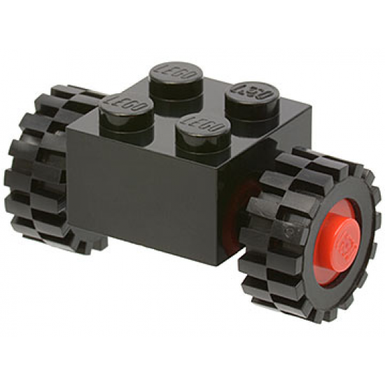Wheel & Tire Assembly Brick, Modified 2 x 2 with Wheels Red for Single Tire with Black Tires 15mm D. x 6mm Offset Tread Small (3137c01 / 3641)