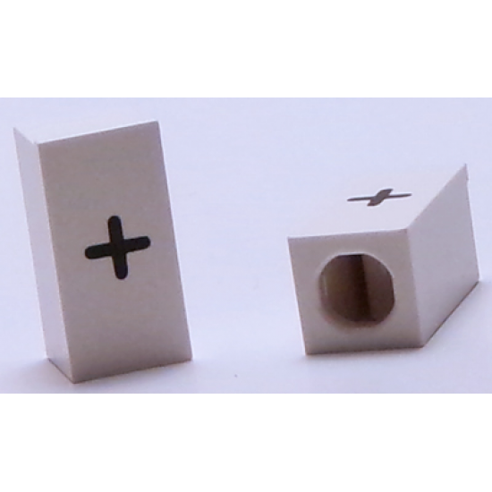 Tile, Modified 1 x 2 x 5/6 with Stud Hole in End and Black '+' Plus Sign Pattern