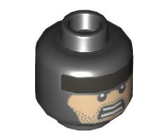 Minifigure, Head Dual Sided Balaclava, Flat Silver Headband, Nougat Face, Black Stubble, Firm / Fierce Expression Pattern - Hollow Stud