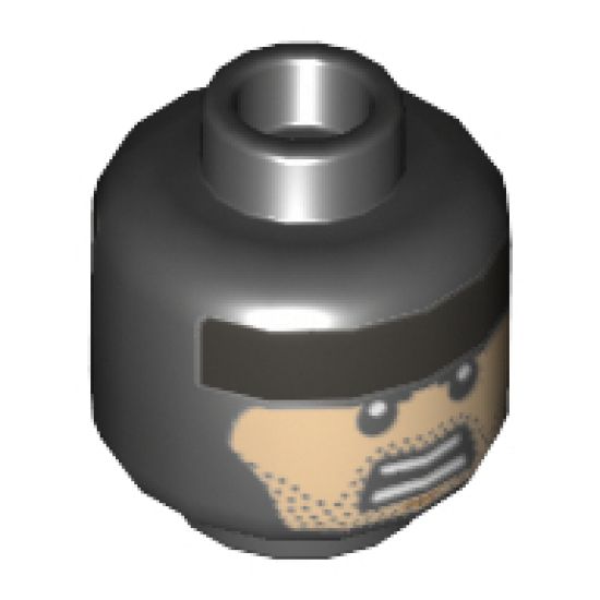 Minifigure, Head Dual Sided Balaclava, Flat Silver Headband, Nougat Face, Black Stubble, Firm / Fierce Expression Pattern - Hollow Stud