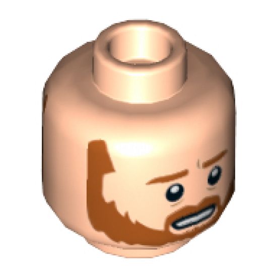 Minifigure, Head Dual Sided Dark Orange Beard and Eyebrows, Bared Teeth / Frown Pattern (SW Obi-Wan) - Hollow Stud