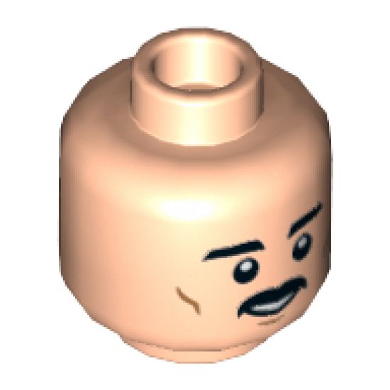 Minifigure, Head Dual Sided Black Eyebrows and Moustache, Medium Nougat Cheek Lines, Smile / Nervous Smile Pattern - Hollow Stud