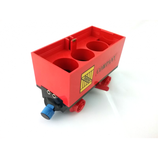 Train Battery Box Car with Two Contact Holes, Red Switch Lever, Blue and Red Magnets, and Red Wheels with 'TRANSPORT' on Yellow Box and 'COMPANY' Pattern on Both Sides (Stickers) - Set 180