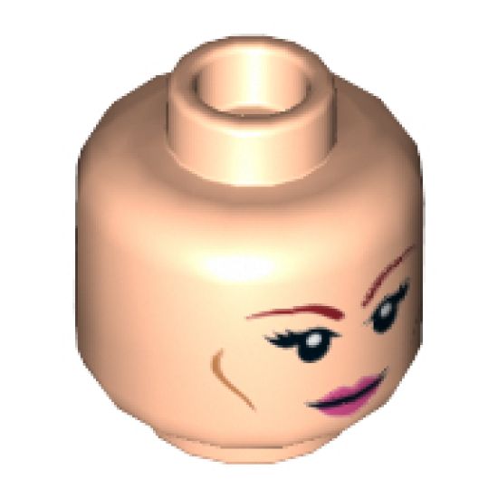 Minifigure, Head Dual Sided Female Dark Red Eyebrows, Eyelashes, Pink Lips, Cheek Lines, Smile / Bared Teeth Pattern (April O'Neil) - Hollow Stud