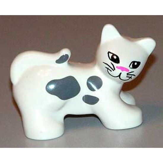 Duplo, Animal Cat with Almond Eyes, Whiskers, Pink Nose, and Gray Spots Pattern