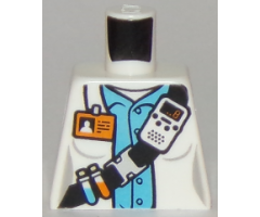 Torso Town Scientist Female with White Shirt Over Medium Blue Shirt, Name Tag, Beakers, and Radio Pattern
